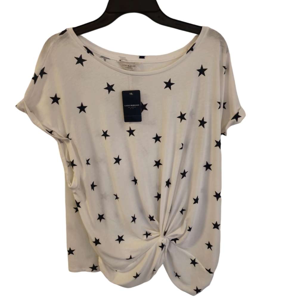 NWT Lucky Brand Women's Knit Top White Blue Stars Cuff Sleeve Knot Front Size XL
